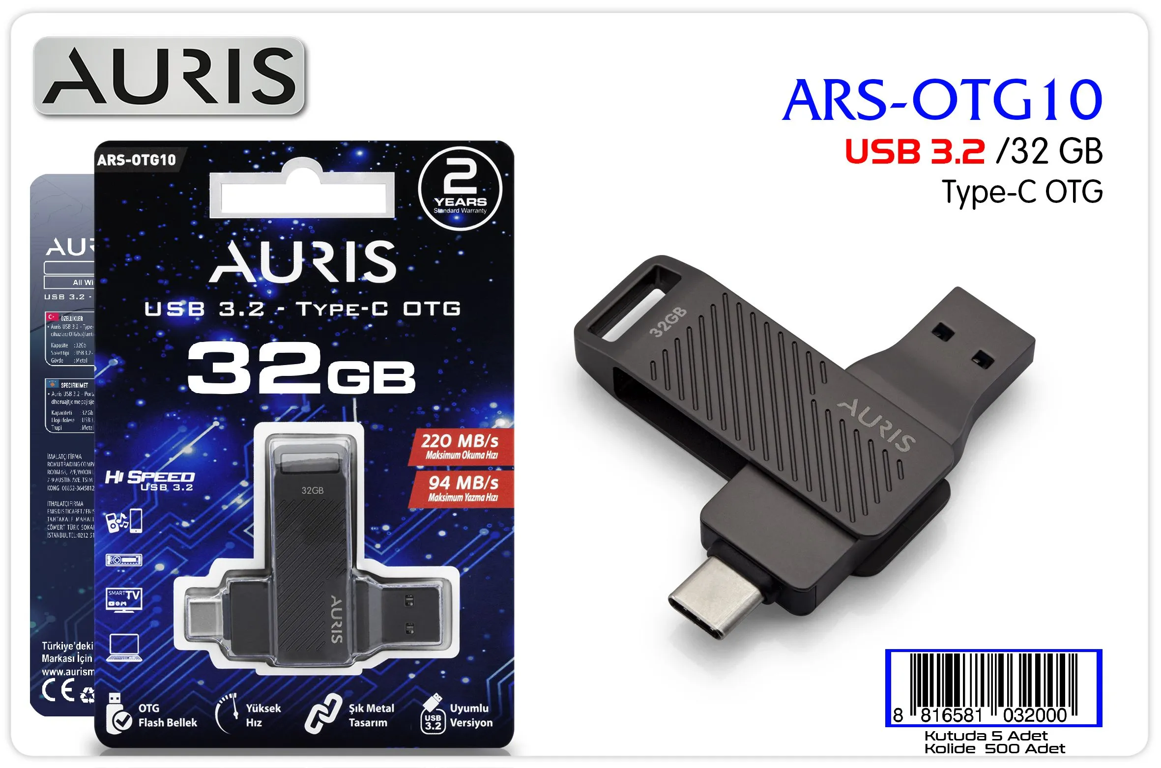 Auris ARS-OTG10 32GB USB 3.2 Type-C OTG Flash Bellek